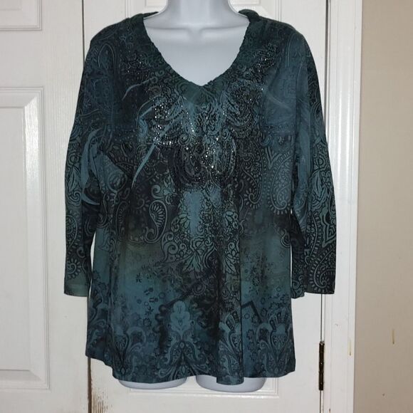 Chico's  turquoise  3/4 length sleeve top  Sz L (12) - Picture 1 of 4